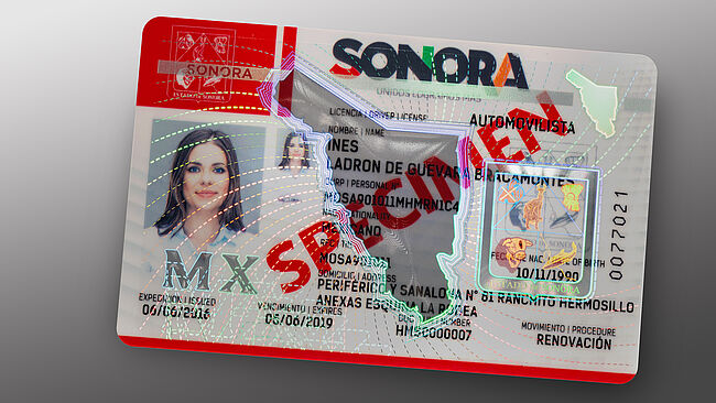 Image d'un permis de conduire de Sonora (Mexique) protégé par une pellicule KINEGRAM (KINEGRAM GUARD)