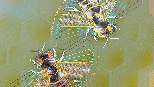 Image rapprochée d'un motif d'abeille et de traits fins métallisés, créés avec la technologie unique KINEGRAM ZERO.ZERO