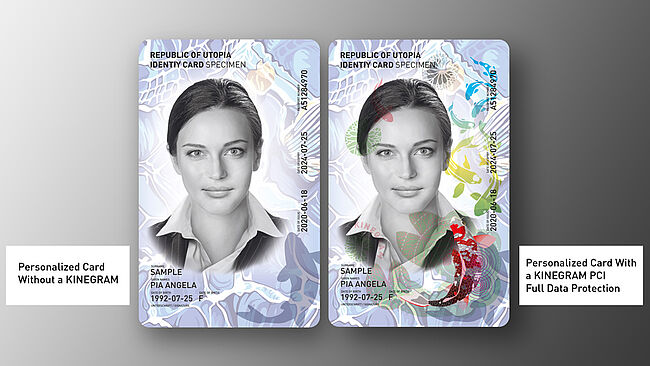 Close-up image of portrait format sample ID card with a large portrait and protective KINEGRAM with optimally integrated security effects.
