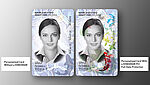 Close-up image of portrait format sample ID card with a large portrait and protective KINEGRAM with optimally integrated security effects.