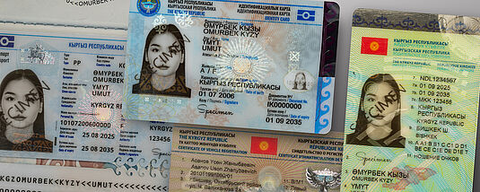 Collage showing the new Kyrgyz passport, national ID card, driver's license and vehicle registration card, all protected with a KINEGRAM PCI with Full Data Protection element by OVD Kinegram