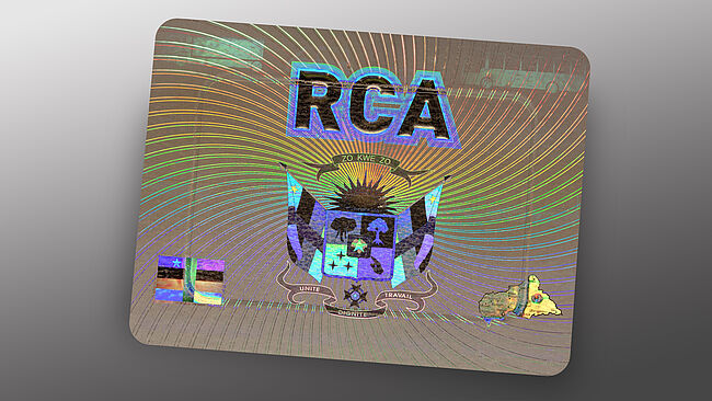 Central African Republic vehicle and motorcycle registration sticker completely protected with KINEGRAM technology
