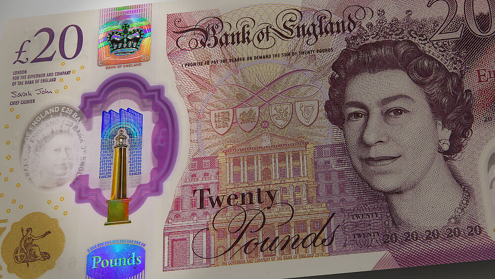 KINEGRAM security solutions for banknotes Close-Up of KINEGRAM security feature on English 20 Pound banknote