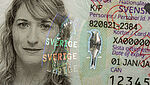 Close-Up of a securely embedded KINEGRAM feature in the Swedish ID Card, with a 3D motif of a bird and the word "Sverige"