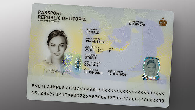 KINEGRAM PHOTOGRAPH - the secure secondary portraits protection for ID1 or ID3 polycarbonate based documents. Image of a sample passport using the KINEGRAM PHOTOGRAPH technology, a highly secure secondary portrait image.
