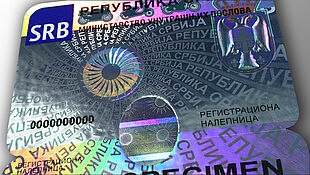 Vignette de pare-brise serbe avec KINEGRAM Image de vignette de pare-brise serbe avec l'élément de sécurité KINEGRAM