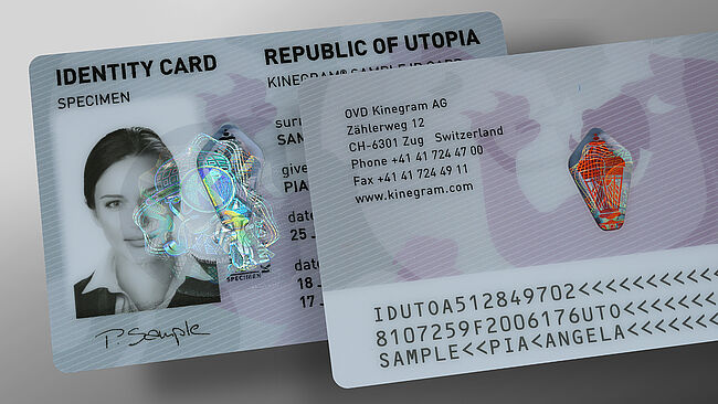 Image of another sample document with a KINEGRAM feature incorporating color. Color features are particularly suitable for window features, where different colors can be used for front-to-back authentication.