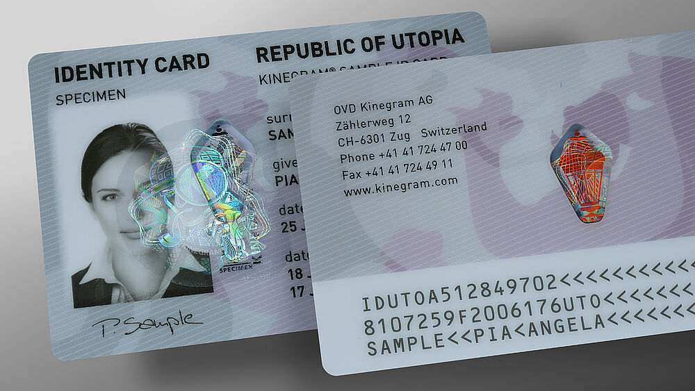 Image of another sample document with a KINEGRAM feature incorporating color. Color features are particularly suitable for window features, where different colors can be used for front-to-back authentication.