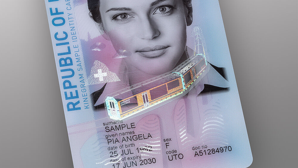Close-up of sample identity card in portrait format with KINEGRAM PCI with Full Data Protection