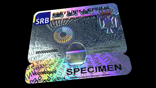 Serbian car registration label completely protected with KINEGRAM technology