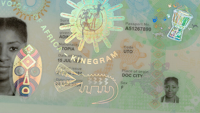 Close-up image of sample passport data page with a KINEGRAM PCI with Full Data Protection security feature whose motifs show various traditional African designs.