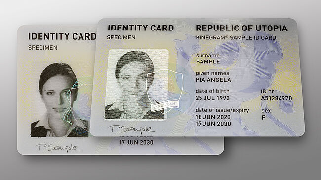 Image of a sample ID card that shows the KINEGRAM Primary Image Protection feature - a bright frame enhances the portrait