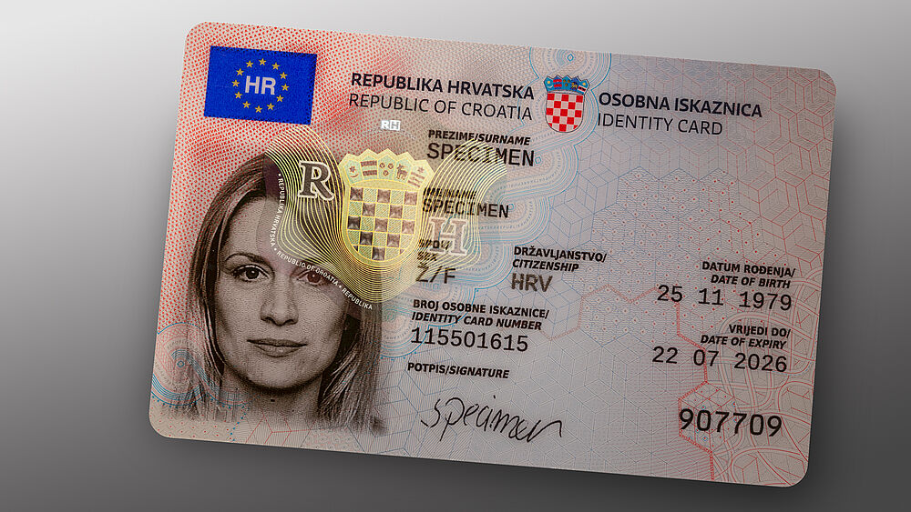 A Croatian ID card sample with a transparent KINEGRAM security element.