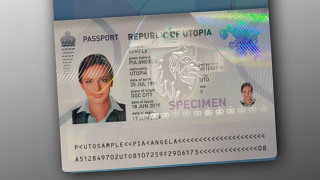 Sample passport with a KINEGRAM TKO element with metallized fine patterns using HDM (High Definition Metallization) technology.