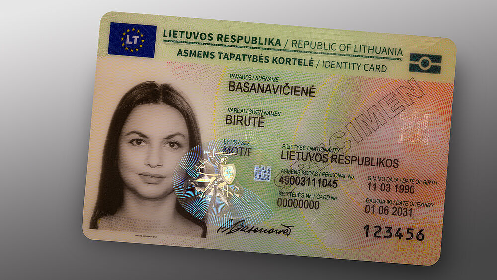 Image of a Lithuanian ID card sample with a protective KINEGRAM patch.