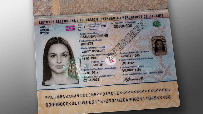 Lithuanian Passport with polycarbonate datapage and KINEGRAM Image of Lithuanian Passport with polycarbonate datapage and KINEGRAM