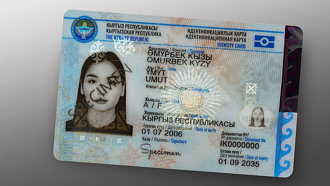 The new Kyrgyz national ID card, secured with a KINEGRAM PCI with Full Data Protection element Image of new Kyrgyz national ID card, protected with a KINEGRAM PCI with Full Data Protection element by OVD Kinegram