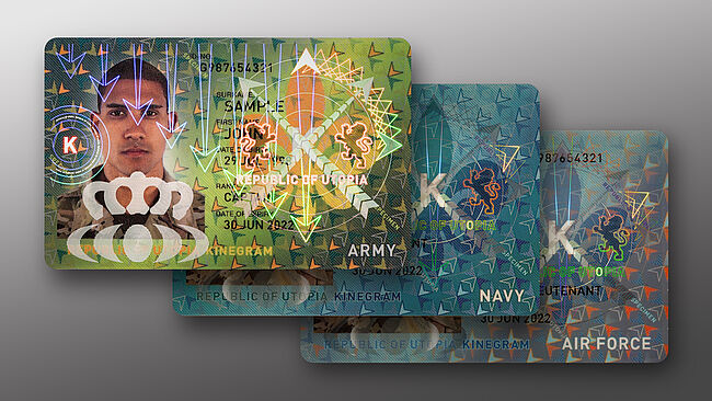 Imagen de muestra de tarjetas de identificación militar con superposiciones de seguridad de película fina KINEGRAM