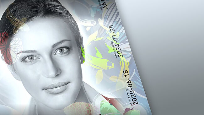 Close-up image of the personalized data on a portrait-format sample ID card protected with a KINEGRAM.