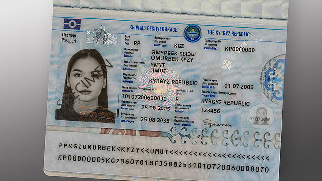 The new Kyrgyz passport, secured with a KINEGRAM PCI with Full Data Protection element Image of new Kyrgyz passport, protected with a KINEGRAM PCI with Full Data Protection element by OVD Kinegram