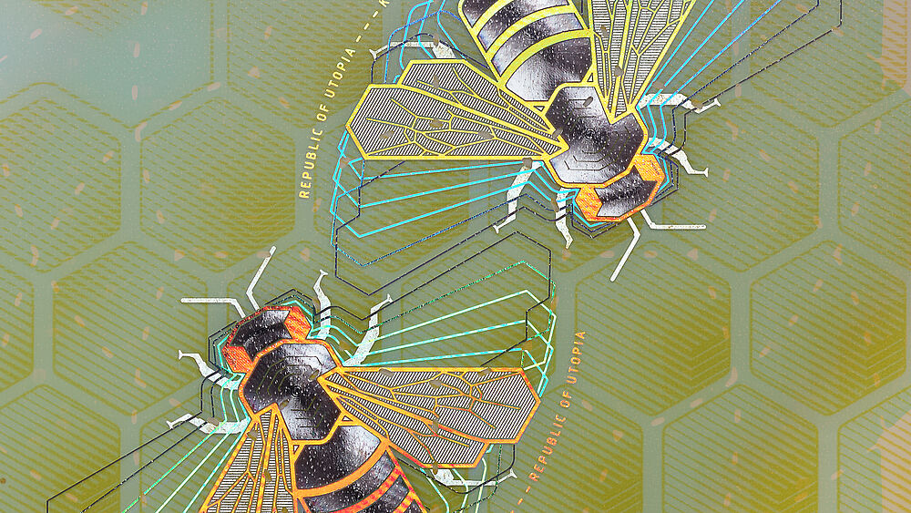 Traits fins métallisés parfaitement intégrés, créés avec la technologie unique KINEGRAM ZERO.ZERO Image rapprochée d'un motif d'abeille et de traits fins métallisés, créés avec la technologie unique KINEGRAM ZERO.ZERO