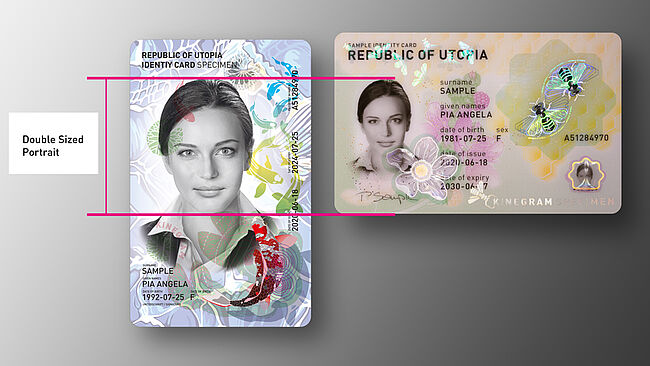 Image of sample ID cards in classic landscape and novel portrait format, the latter allows the use of extra large portrait pictures