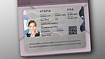 Illustration of KINEGRAM Visa Label with brightly shining optical security effects on a passport page