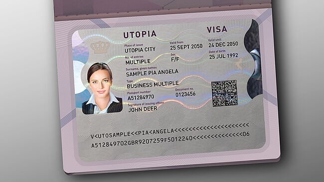 Illustration of KINEGRAM Visa Label with brightly shining optical security effects on a passport page