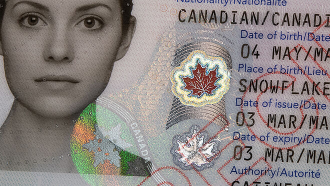 Image of the Canadian Passport. The "KINEGRAM Combi" element of the Canadian Passport includes KINEGRAM ZERO.ZERO and KINEGRAM COLORS. 