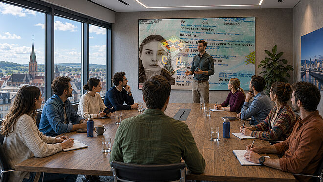 Image shows a group of people around a table in a discussion, a visual impression of a Swiss passport with its KINEGRAM security feature is visible on a large screen in the background.