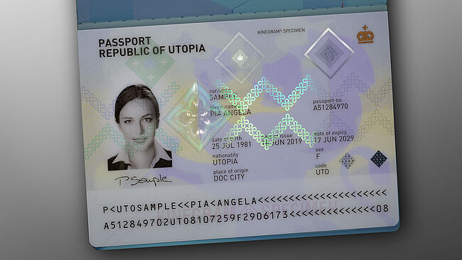 Image of polycarbonate passport datapage secured by embedded KINEGRAM feature with Full Data Protection (FDP)
