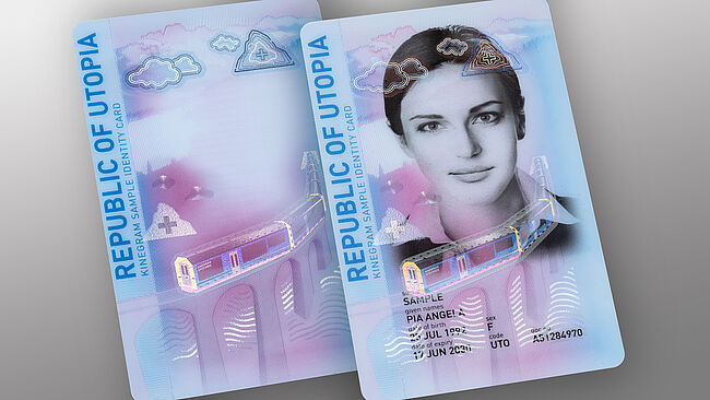 "An Amazing Journey" the new KINEGRAM sample ID card in portrait format. Both the personalization and the portrait are optimally protected with a highly sophisticated KINEGRAM PCI with FDP feature. "An Amazing Journey" the new KINEGRAM sample ID card in portrait format. Both the personalization and the portrait are optimally protected with a highly sophisticated KINEGRAM PCI with FDP feature.