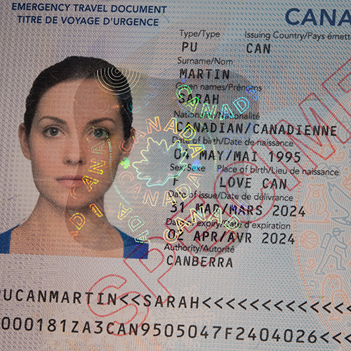 Close-Up of Canadian Emergency Travel Document with KINEGRAM label security feature.